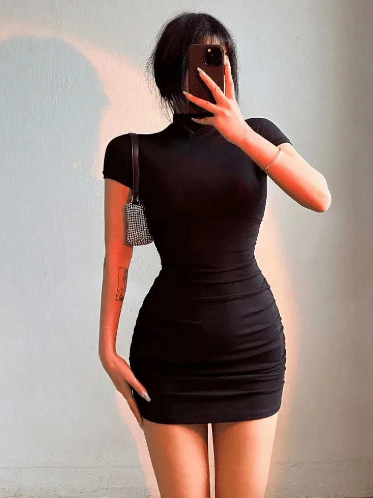 Ruched Bodycon Mini Dress – High Neck Sleeveless Dress with Fitted Silhouette, Gathered Waist and Chic Evening Style