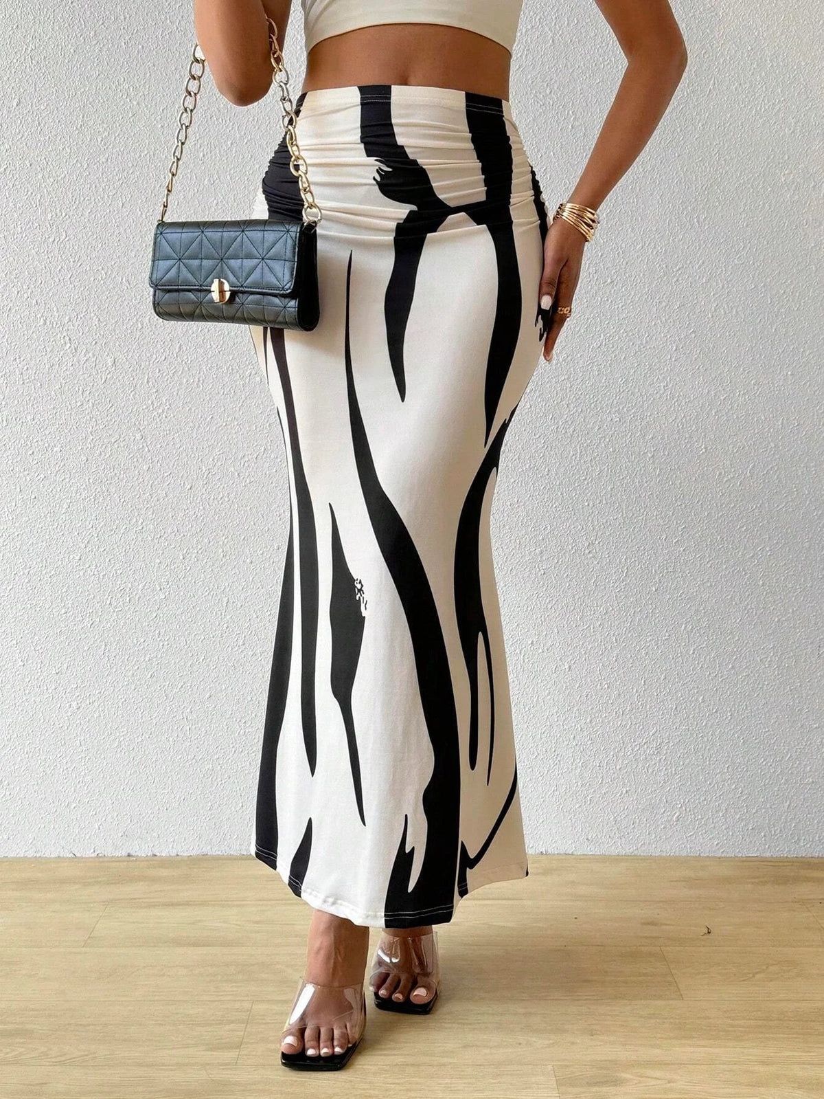 High Waisted Abstract Print Maxi Skirt Bodycon Long Pencil Skirt Stretch Fitted Slit Detail Statement Evening Wear