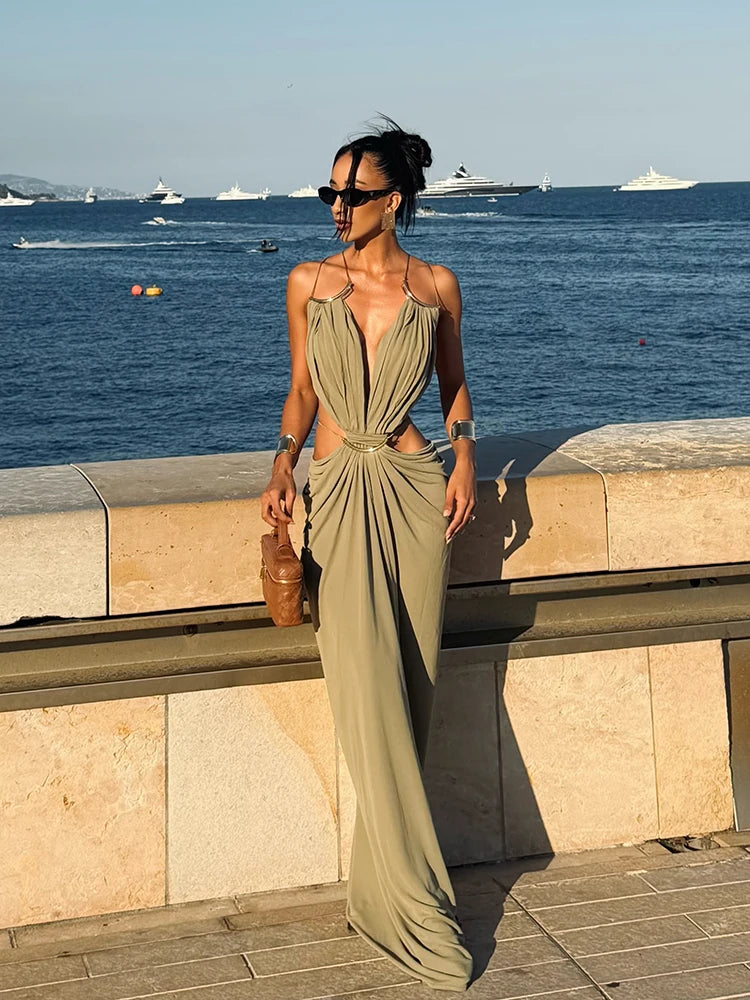 Draped Cutout Maxi Dress – Sleeveless Plunge Neck Dress with Ruched Waist, Open Side Detail and Floor-Length Draped Skirt