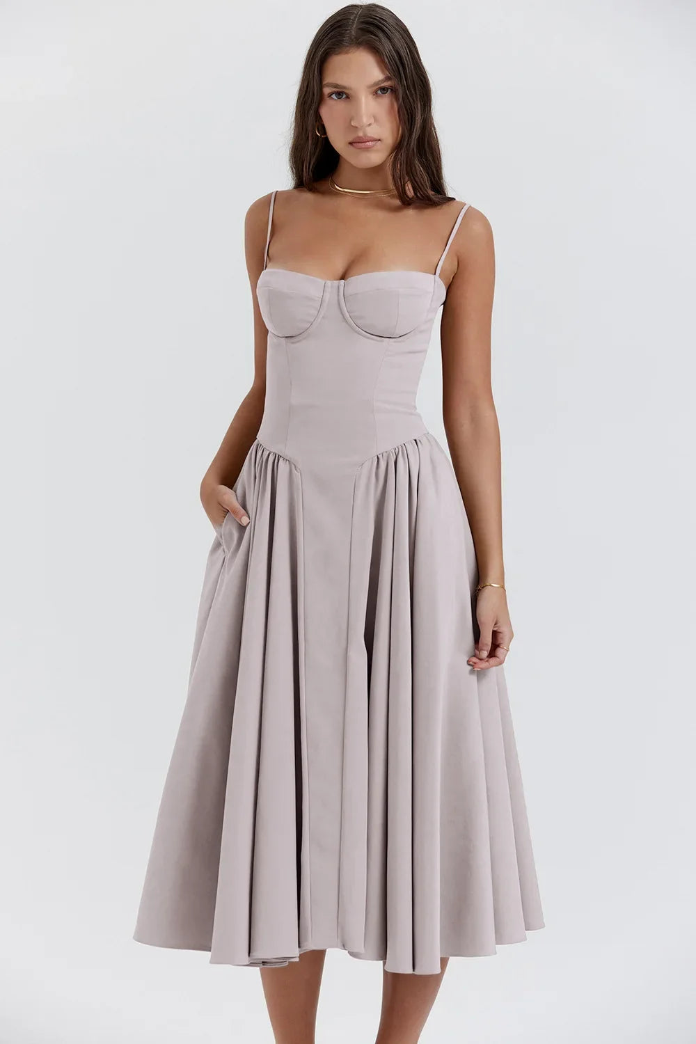 Vintage A-Line Midi Dress – Spaghetti Strap Corset Bodice Dress with Pleated Flared Skirt for Weddings, Brunches & Special Occasions