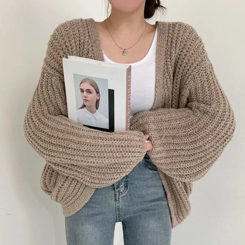 Chunky Knit Cardigan, Oversized Open Front Sweater with Balloon Sleeves and Ribbed Texture, Cozy Casual Fall Winter Layer