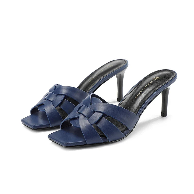 Woven Mule Heels | Strappy Slip-On Stiletto Sandals | Open Toe Dress Shoes