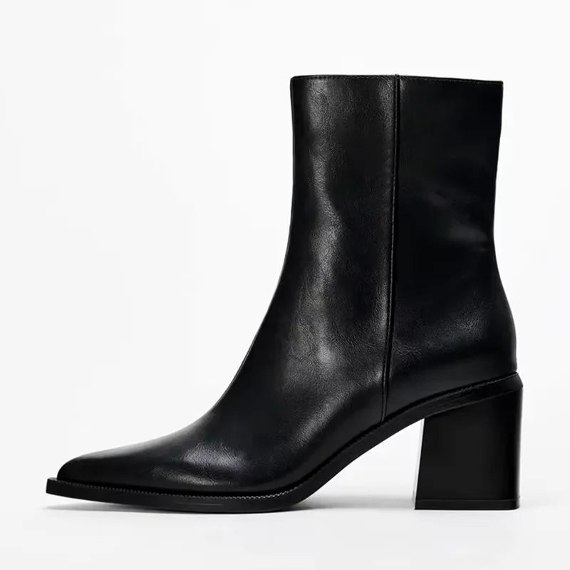Pointed Toe Ankle Boots | Chunky Block Heel Booties | Minimalist Zip-Up Dress Boots