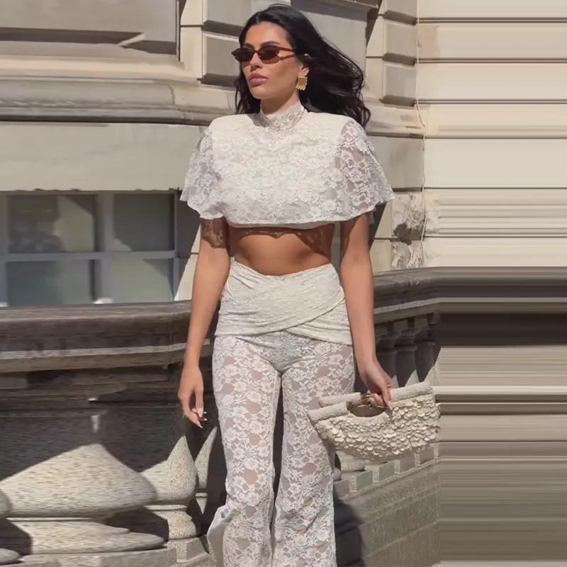 Lace Crop Top & High Waist Flared Pants Co-Ord Set | Short Sleeve Two Piece Floral Lace Outfit | Chic Vacation & Resort Matching Set
