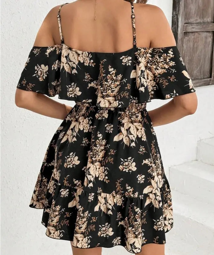 Floral Mini Dress – Off Shoulder Short Sleeve Dress with Spaghetti Straps, Defined Waist and Flared Skirt for Brunch, Vacations & Summer Events