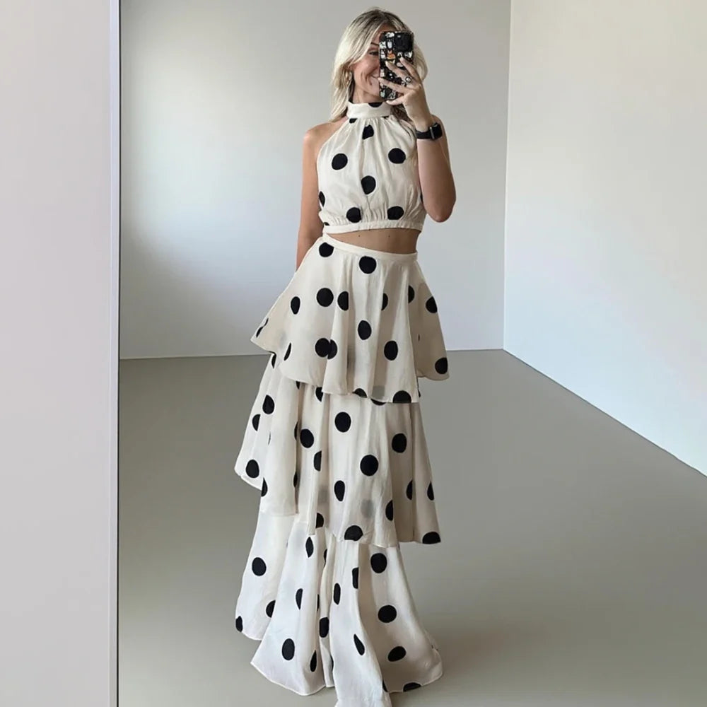 Halter Crop Top & Tiered Maxi Skirt Co-Ord Set | Polka Dot Two Piece Outfit with Ruffle Layers | Chic Summer Party & Vacation Matching Set