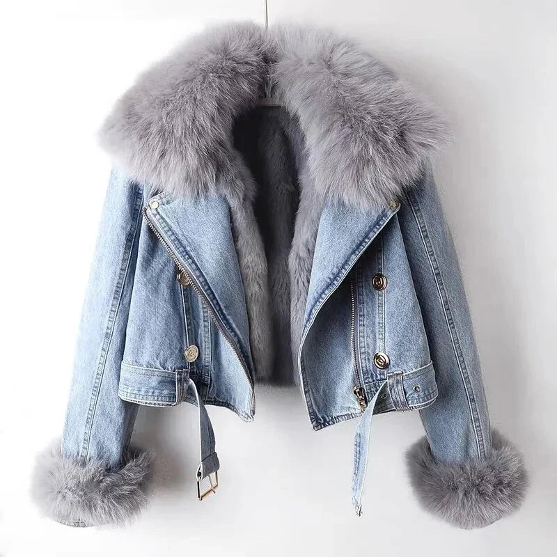 Faux Fur Trim Denim Jacket, Cropped Hooded Jacket with Plush Collar and Cuffs, Casual Winter Outerwear