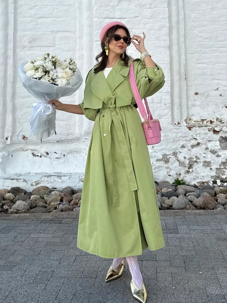 Dramatic Cape Trench Coat, Long Belted Coat with Oversized Lapels and Layered Shoulder Cape, Elegant Statement Outerwear