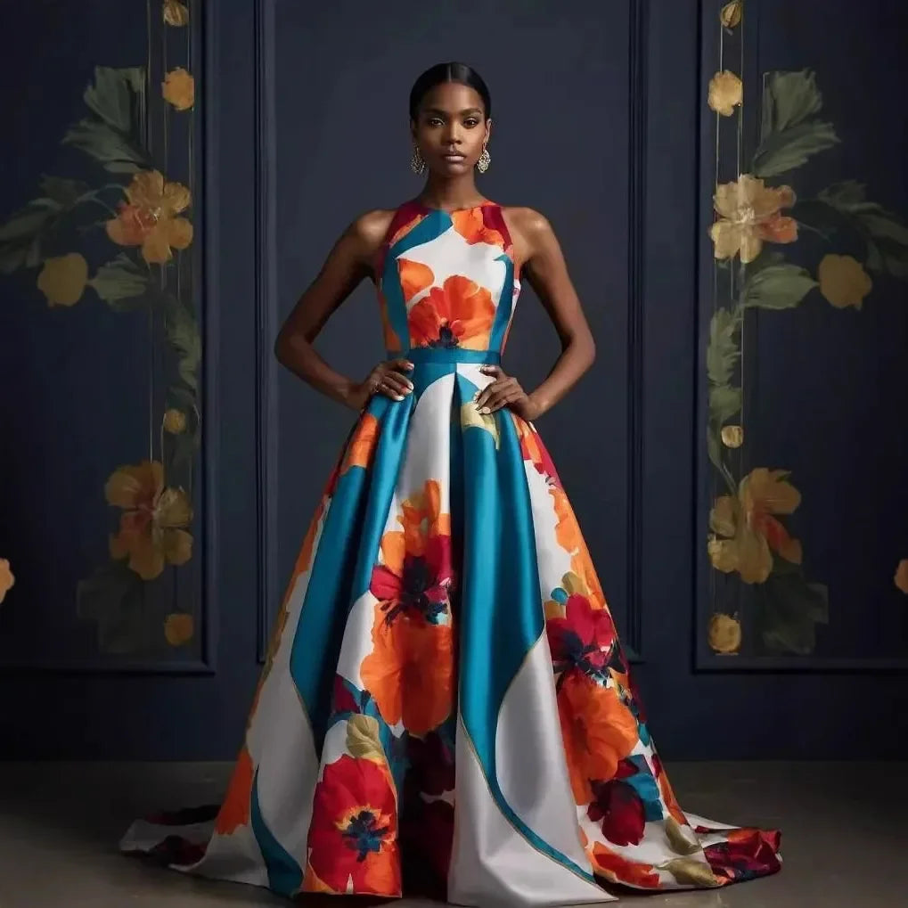 Floral Ball Gown – Strapless A-Line Maxi Dress with Corset-Style Bodice, Full Skirt and Dramatic Train for Weddings & Galas