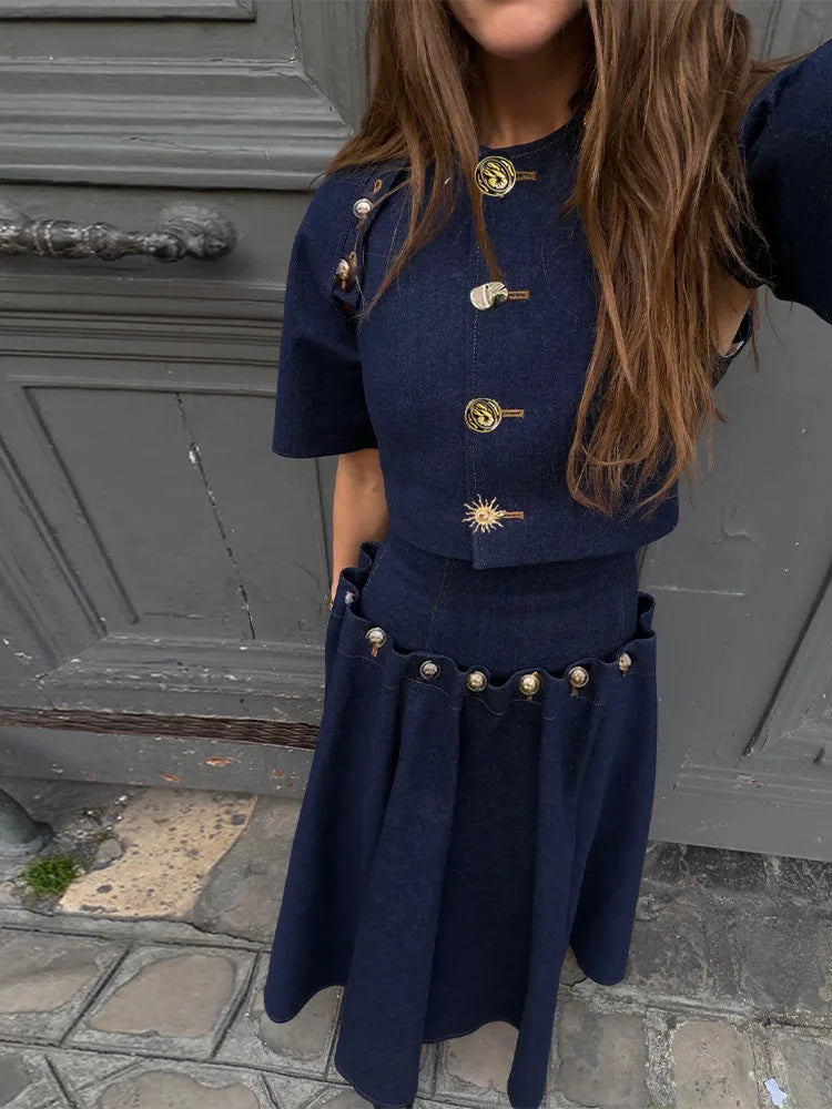 Button Detail Crop Top & Pleated Maxi Skirt Co-Ord Set | Short Sleeve Two Piece Outfit | Elegant Vintage Inspired Matching Set