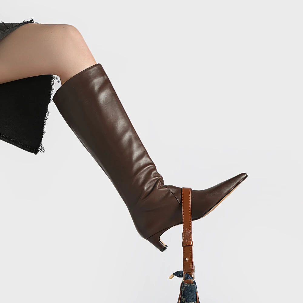 Knee High Pointed Toe Boots | Elegant Kitten Heel Tall Boots | Sleek Pull-On Fashion Boots