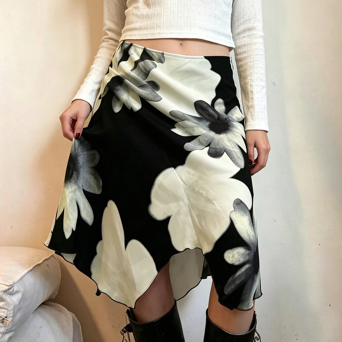High Waisted Floral Midi Skirt Asymmetrical A Line Skirt Draped Wrap Style Irregular Hem Elegant Casual Party Wear