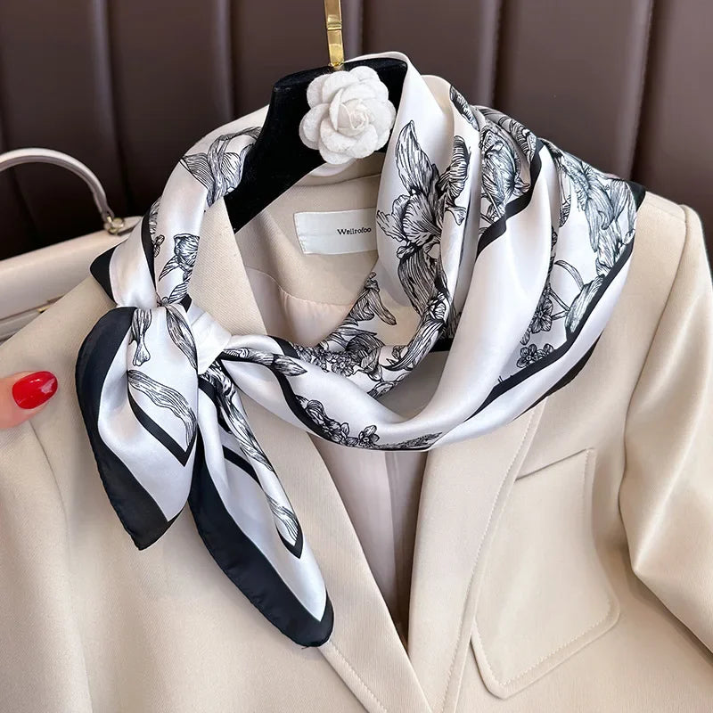 Floral Print Satin-Look Scarf, Elegant Botanical Neck Wrap with Contrast Border, Classic Square Scarf for Women