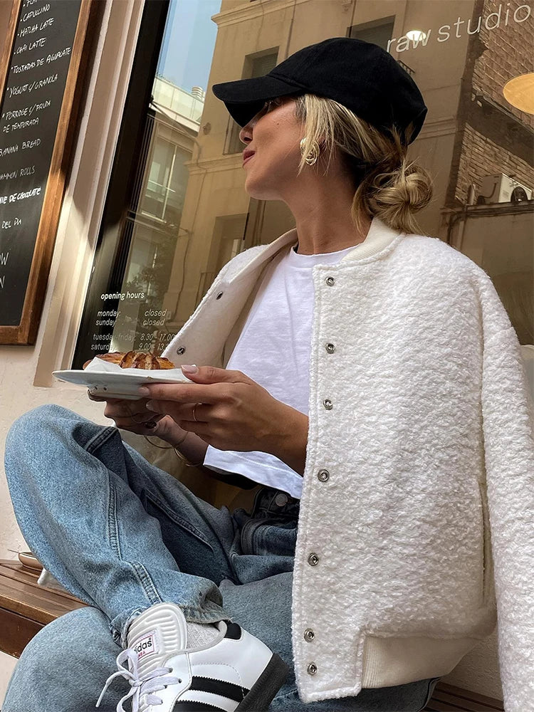 Textured Bomber Jacket, Plush Zip-Up Jacket with Ribbed Trim and Relaxed Fit, Chic Casual Lightweight Outerwear