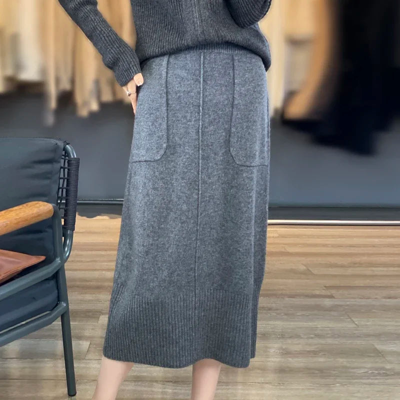 High Waisted Knit Midi Skirt Ribbed Pencil Skirt Straight Fit Long Skirt Front Pocket Detail Casual Office Workwear