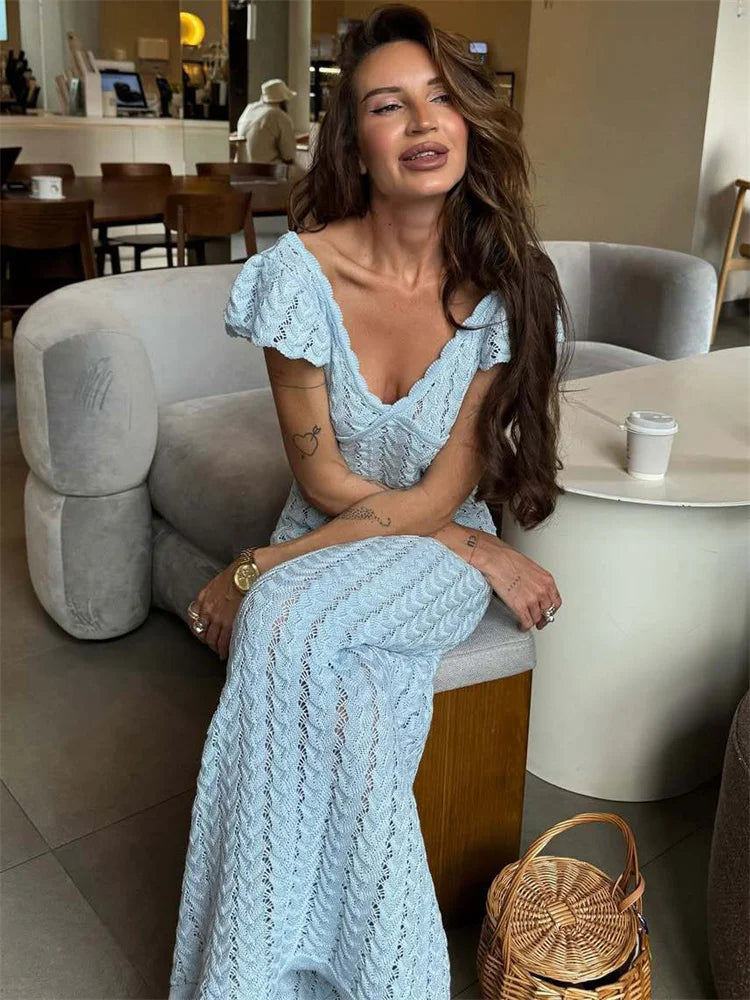 Knitted Maxi Dress – V-Neck Short Flutter Sleeve Dress with Textured Knit Pattern, Fitted Waist and Flowing Floor-Length Silhouette