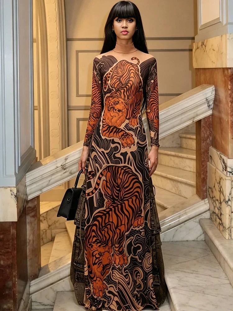 Printed Maxi Dress – Long Sleeve V-Neck Bodycon Gown with Artistic Pattern and Floor-Length Silhouette for Weddings, Galas & Evening Events