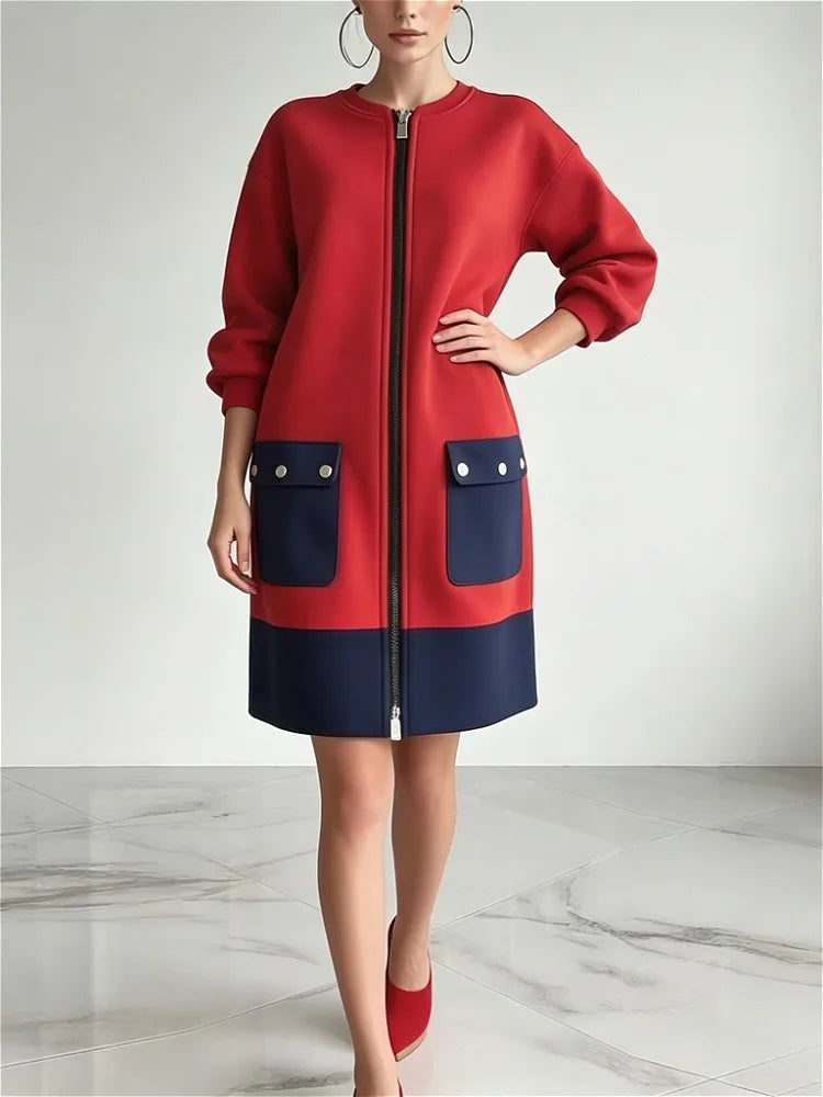 Zip Up Coat Dress – Long Sleeve Mini Dress with Stand Collar, Contrast Patch Pockets and Structured A-Line Silhouette for Fall & Winter