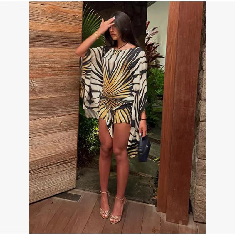 Printed Kaftan Mini Dress – Batwing Sleeve Tunic with Geometric Chevron Pattern, Adjustable Waist Tie and Flowing Asymmetrical Hem