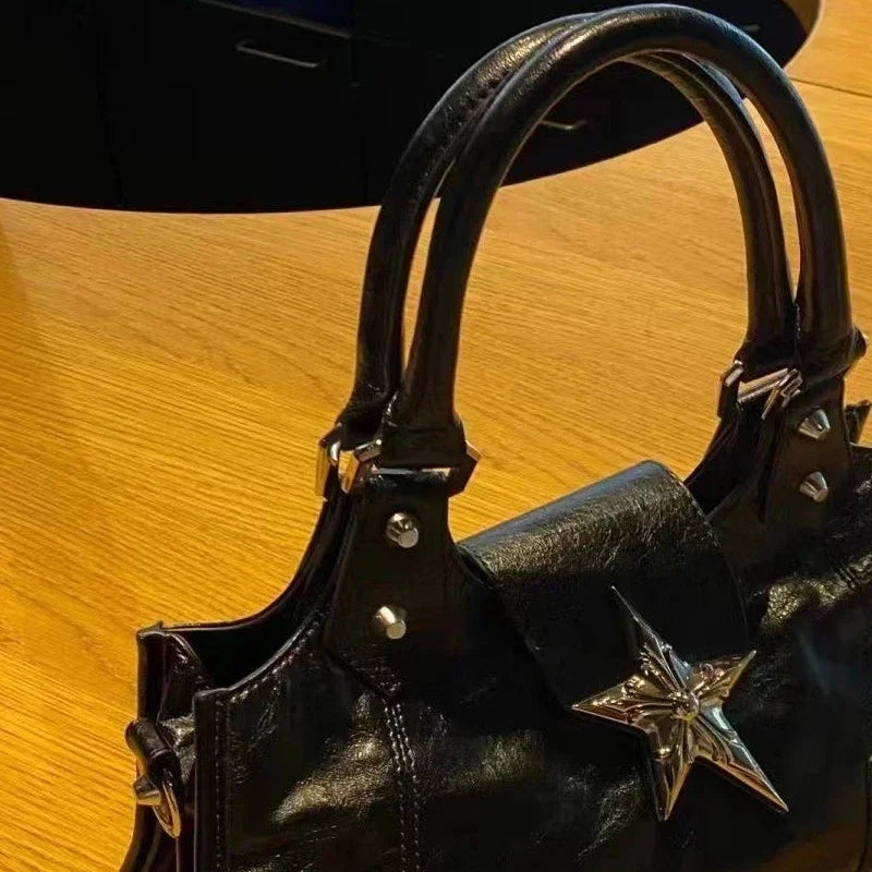 Edgy Studded Handbag, Structured Top Handle Satchel with Statement Star Detail & Metal Hardware, Vintage Shoulder Purse for Everyday Style