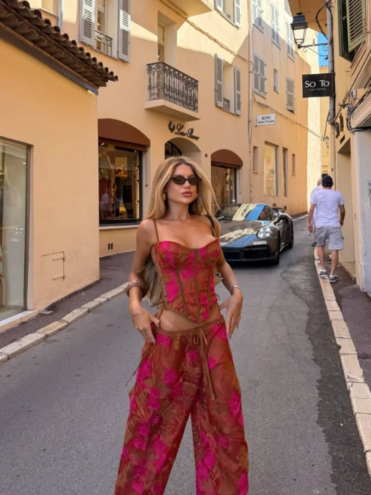 Strapless Corset Crop Top & Flared Maxi Skirt Co-Ord Set | Floral Two Piece Outfit with Lace-Up Detail | Chic Vacation &amp; Party Wear