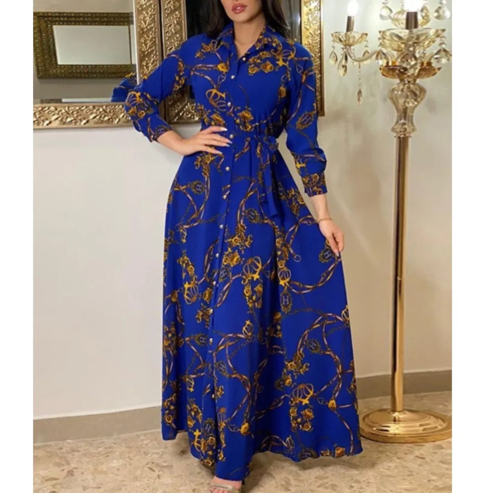 Floral Maxi Dress – Long Sleeve V-Neck Dress with Button Front, Defined Waist and Flowing A-Line Skirt for Weddings, Brunch & Events