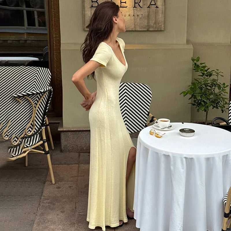 Ribbed Maxi Dress – Short Sleeve V-Neck Dress with Fitted Silhouette, Side Slit and Ankle-Length Design for Casual & Vacation Wear