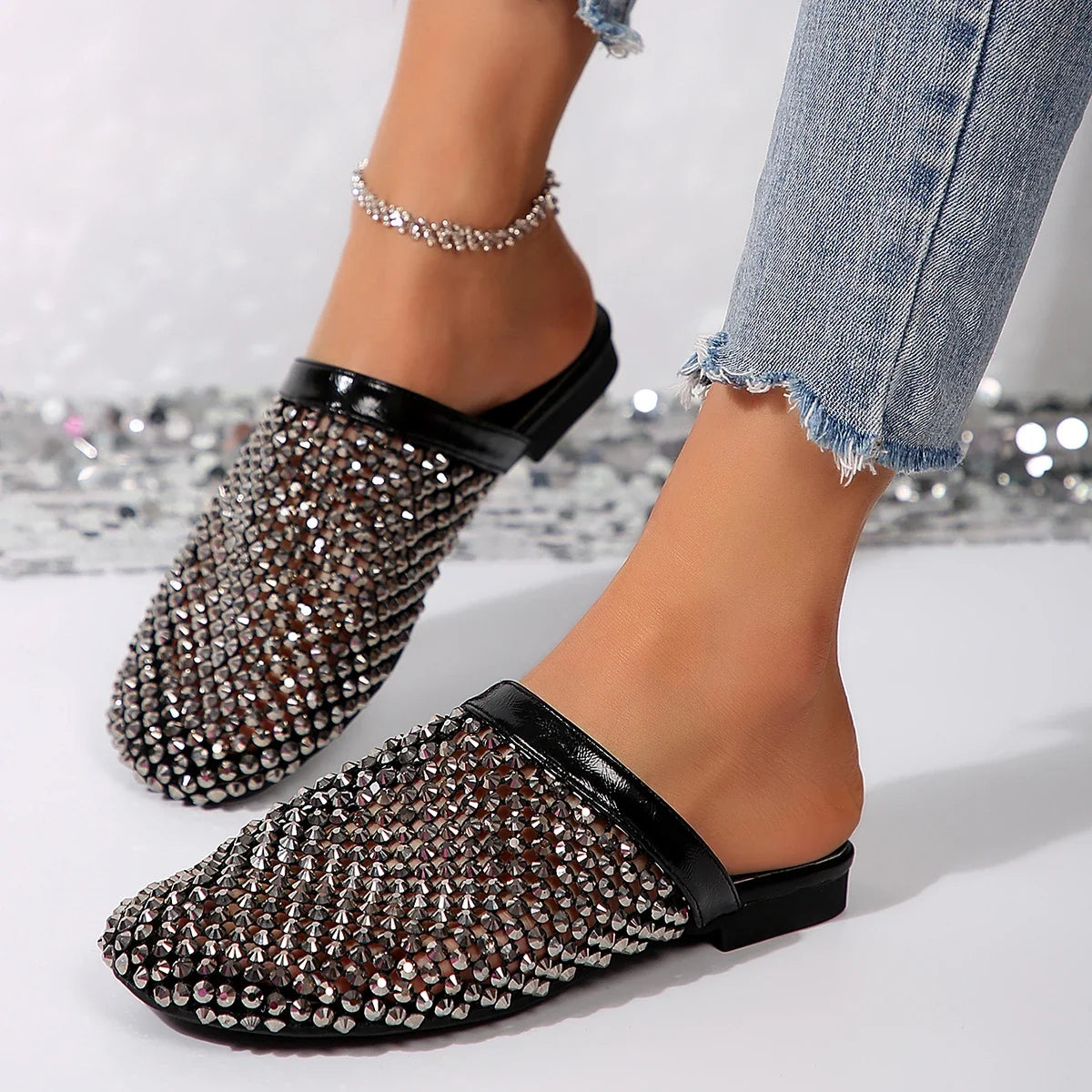 Rhinestone Mule Heels | Crystal Embellished Slip-On Pumps | Pointed Toe Party Shoes