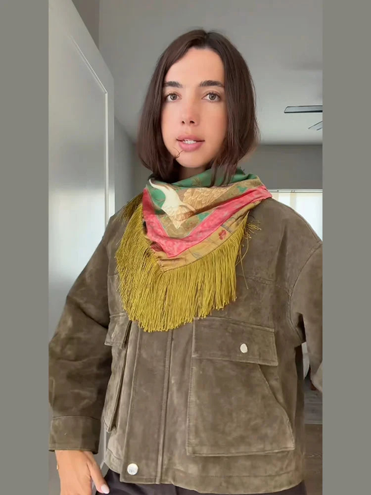 Women's Bird Print Triangle Shawl, Colorful Printed Scarf with Fringed Edges, Bohemian Statement Wrap for Women