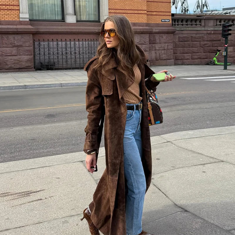 Long Suede Trench Coat with Belted Waist, Classic Lapel Leather Overcoat, Full-Length Vintage-Inspired Outerwear