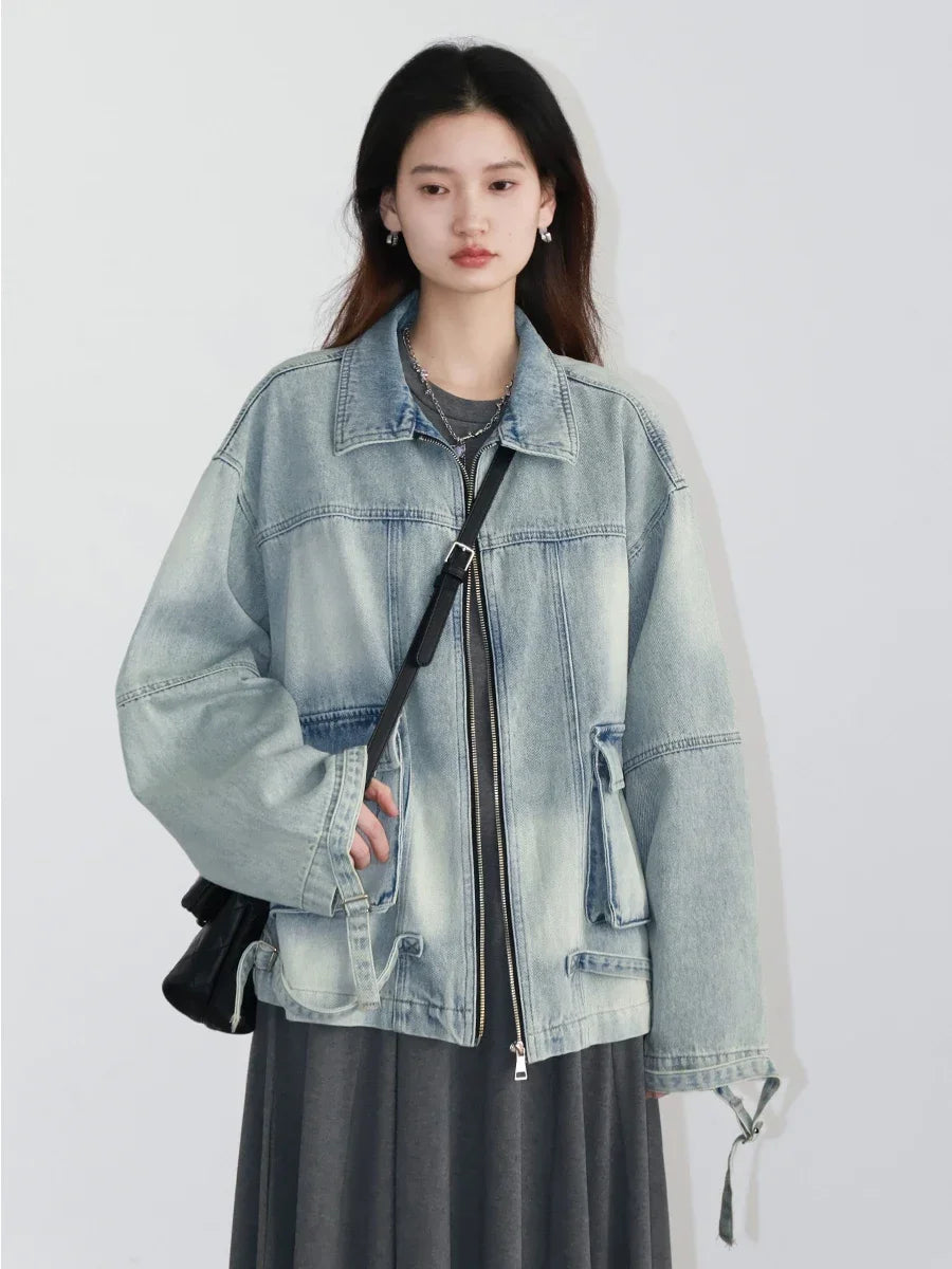 Oversized Denim Utility Jacket, Washed Zip-Up Jacket with Shirt Collar and Cargo Pockets, Relaxed Fit Casual Outerwear