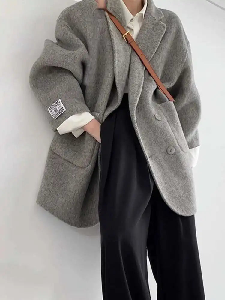 Long Tailored Blazer Coat, Double-Breasted Lapel Jacket with Patch Pockets, Structured Longline Office & Casual Outerwear