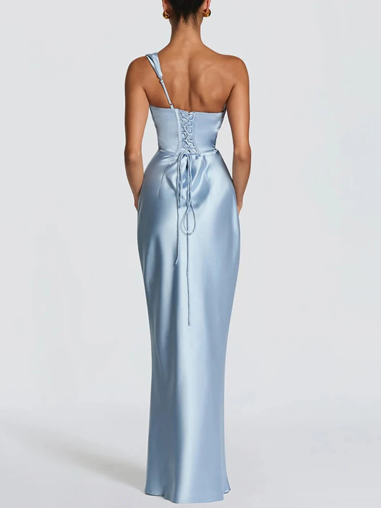 Satin Corset Maxi Dress – Draped Off Shoulder Dress with Spaghetti Straps, Lace-Up Back, Fitted Waist and Floor-Length Skirt
