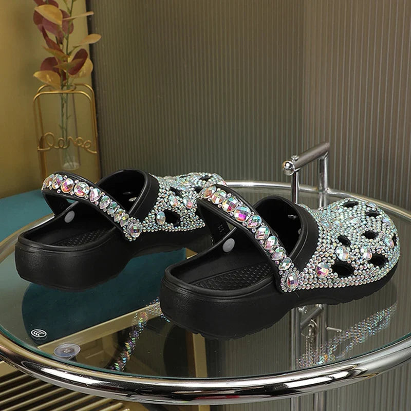 Rhinestone Clog Sandals | Floral Embellished Platform Mules | Sparkly Casual Slip-On Shoes