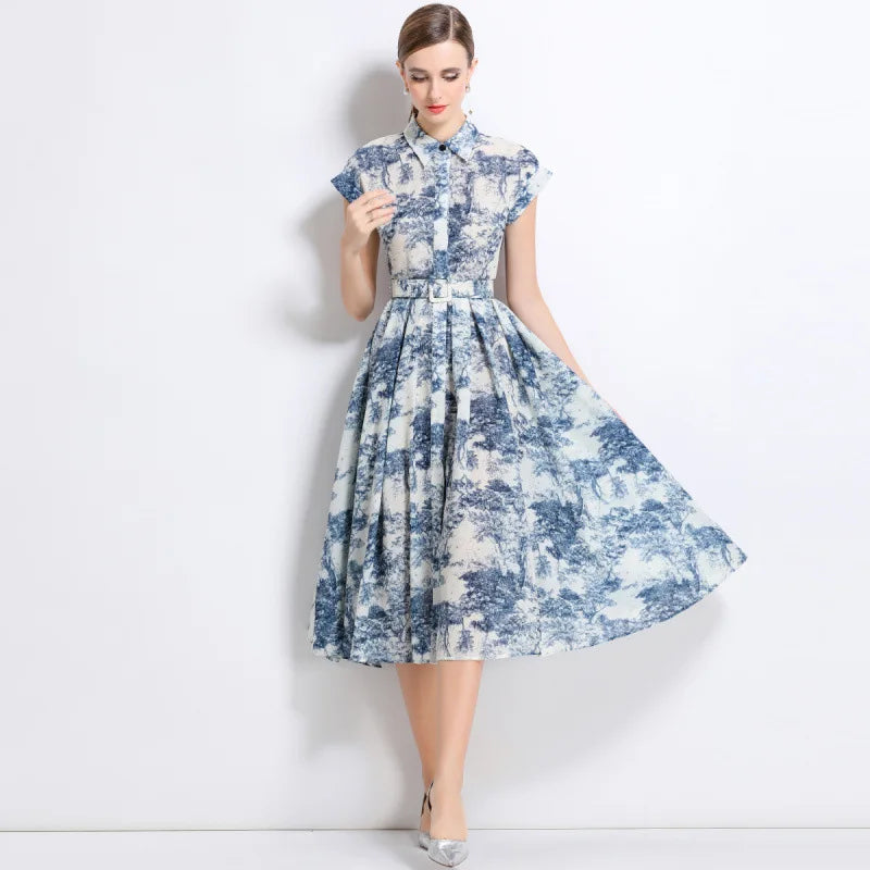 Floral Shirt Midi Dress – Short Sleeve Collared A-Line Dress with Button Front, Defined Waist and Flared Skirt for Brunch, Weddings & Events