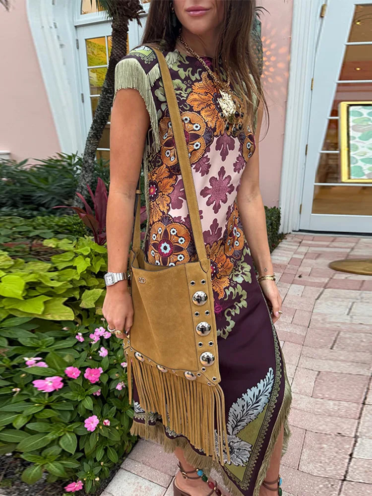 Boho Maxi Dress – Sleeveless High Neck Dress with Ornate Floral Print, Fitted Bodice and Flowing Floor-Length Silhouette for Vacations & Events