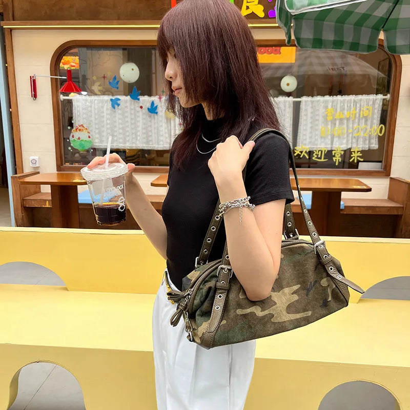 Camouflage Shoulder Bag, Vintage Canvas Handbag with Adjustable Leather Straps, Casual Crossbody Purse with Buckle Details for Travel & Everyday Use
