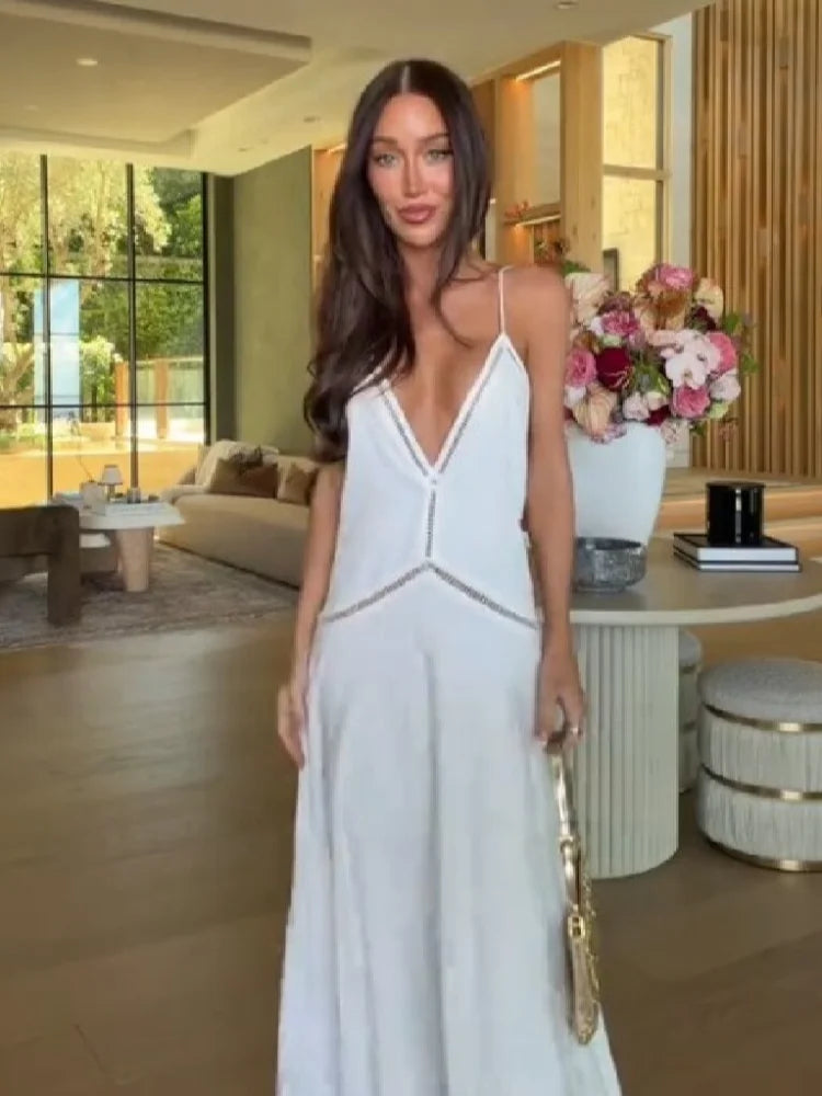 Satin Maxi Dress – Spaghetti Strap V-Neck Dress with Draped Bodice, Defined Waist and Flowing Floor-Length Skirt for Weddings & Evening Events