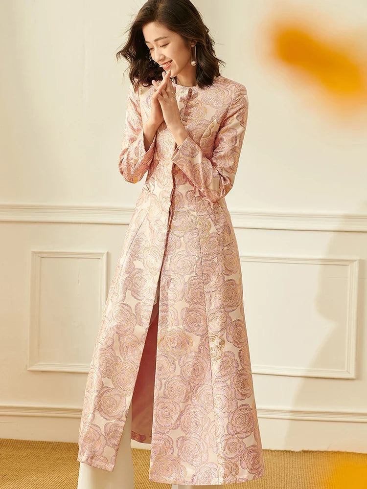 Long Brocade Duster Coat with Button Front, Jacquard Tailored Longline Jacket, Elegant Occasion Outerwear