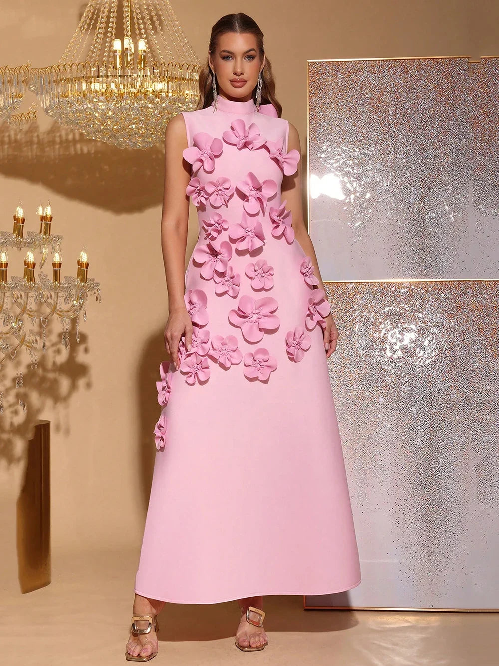 Floral Applique Maxi Dress – High Neck Sleeveless A-Line Gown with 3D Flower Detailing, Fitted Bodice and Flowing Floor-Length Skirt