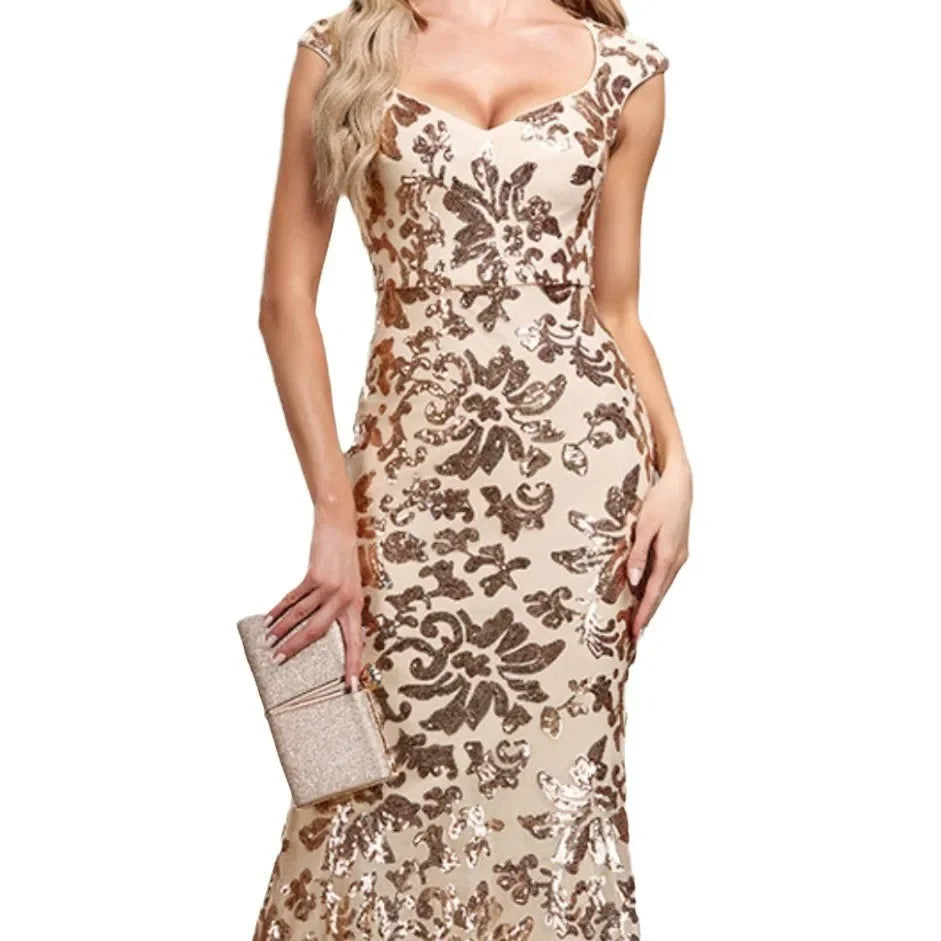 Floral Sequin Maxi Dress – Sleeveless V-Neck Mermaid Gown with Embellished Bodice, Figure-Hugging Fit and Floor-Length Hem for Formal Events