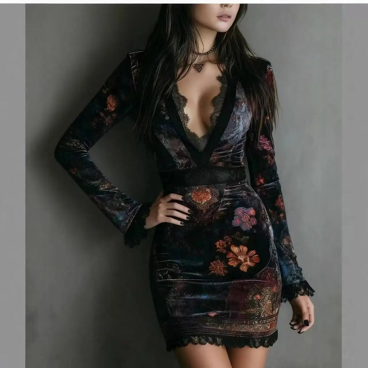 Floral Velvet Mini Dress – Long Sleeve V Neck Dress with Lace Trim, Fitted Waist, Vintage-Inspired Print and Elegant Party Style