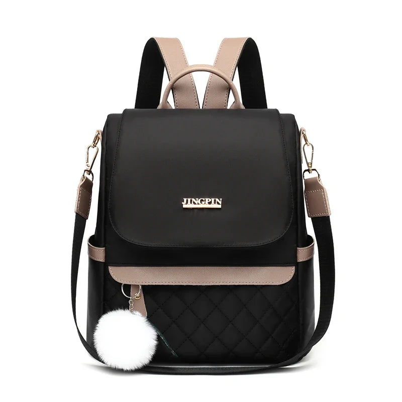 Quilted Mini Backpack Purse, Stylish Convertible Shoulder Bag with Flap Closure, Compact Daypack with Adjustable Straps & Pom Pom Charm