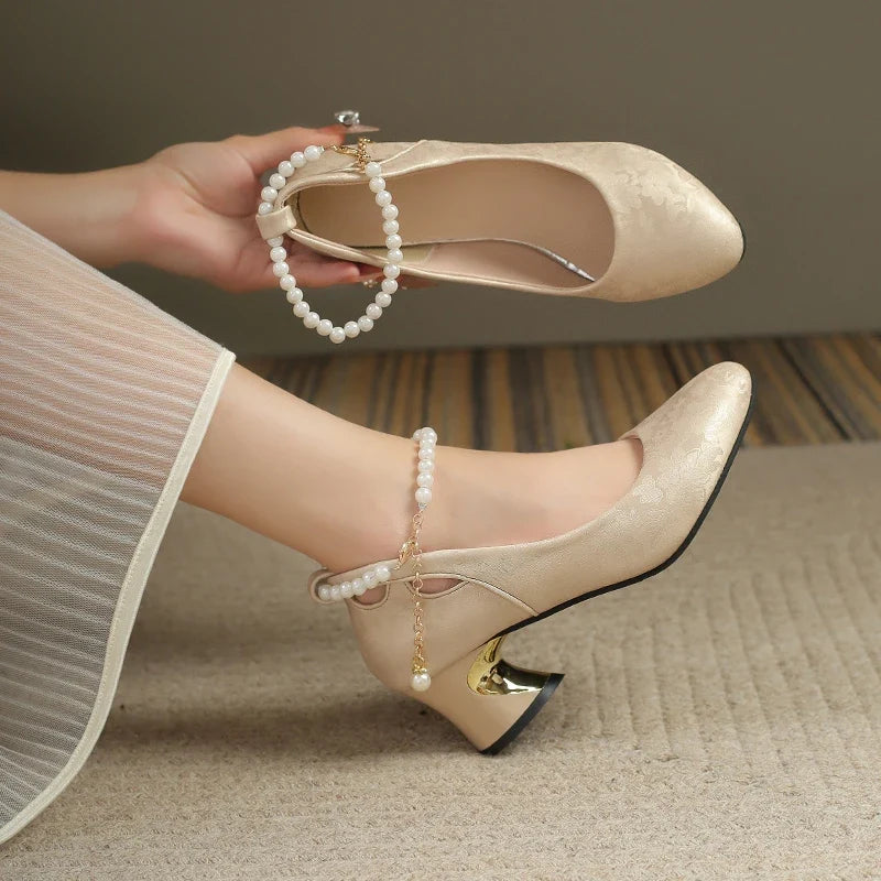 Pearl Strap Mary Jane Heels | Elegant Round Toe Pumps | Vintage Inspired Low Heel Dress Shoes