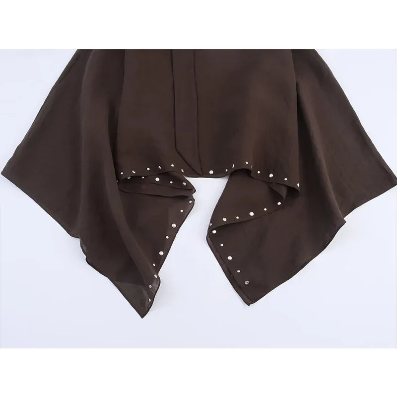 Asymmetric Poncho Jacket with Studded Trim, One-Shoulder Draped Cape Top, Relaxed Fit Statement Outerwear