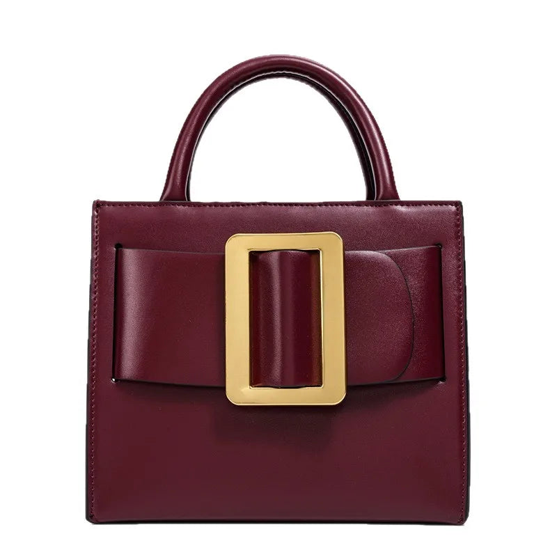 Structured Top Handle Handbag, Elegant Box Satchel with Statement Buckle Detail, Minimalist Shoulder Purse for Work, Dates & Everyday Use