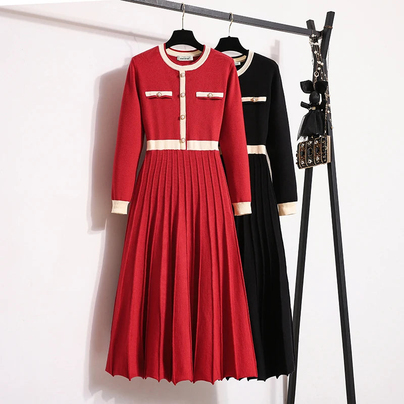Pleated Midi Dress – Long Sleeve Knit Dress with Button Front, Contrast Trim, Fitted Bodice and Elegant A-Line Skirt for Fall