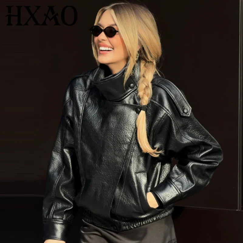 Women's Oversized Faux Leather Jacket, Relaxed Fit Biker-Inspired Jacket, Long Sleeve Zip-Up Fall Winter Outerwear