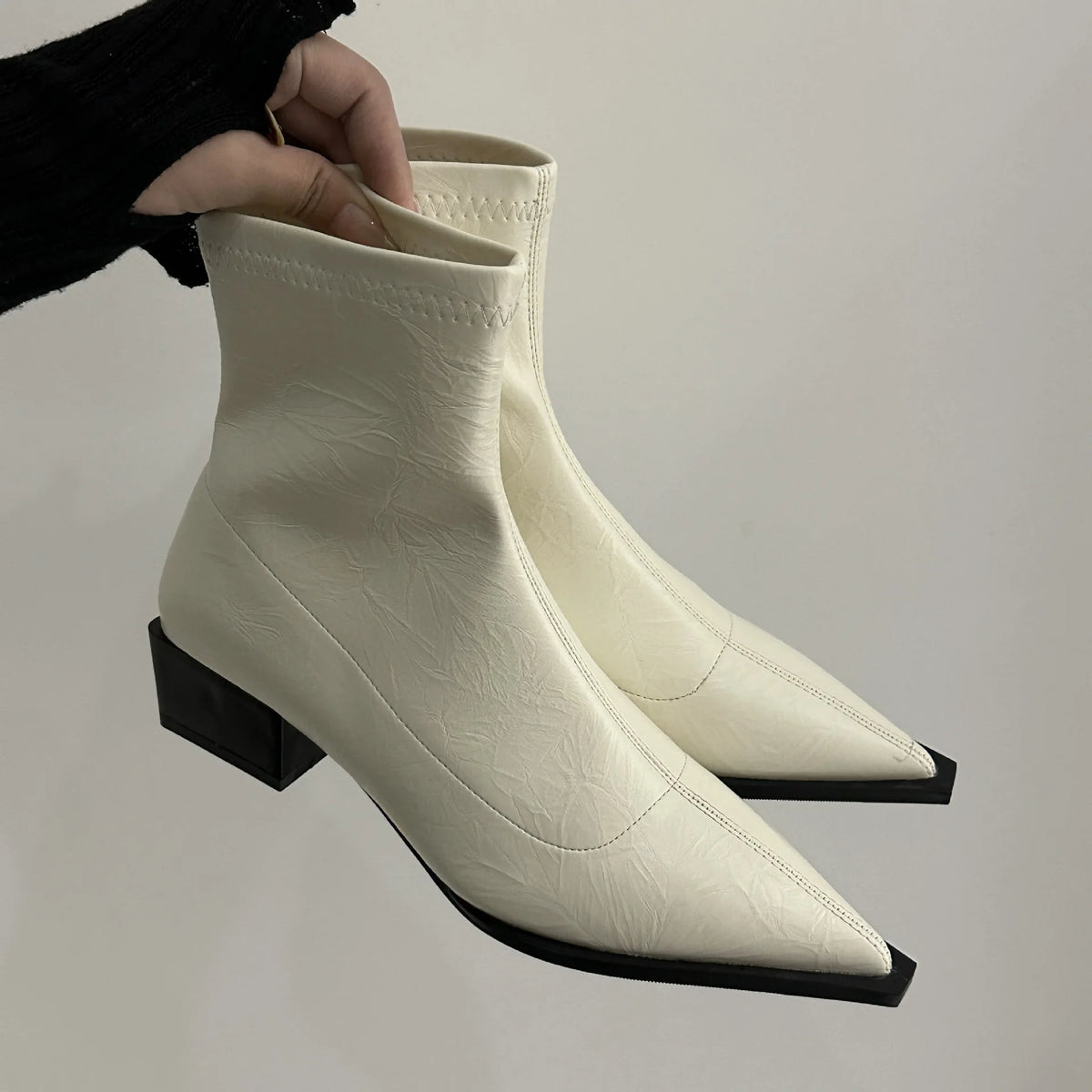 Metallic Pointed Toe Ankle Boots | Low Block Heel Booties | Modern Statement Fashion Boots