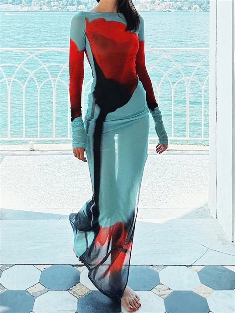 Abstract Print Maxi Dress – Long Sleeve Bodycon Dress with High Neck, Artistic Print and Flared Mesh Hem for Vacations & Evening Events